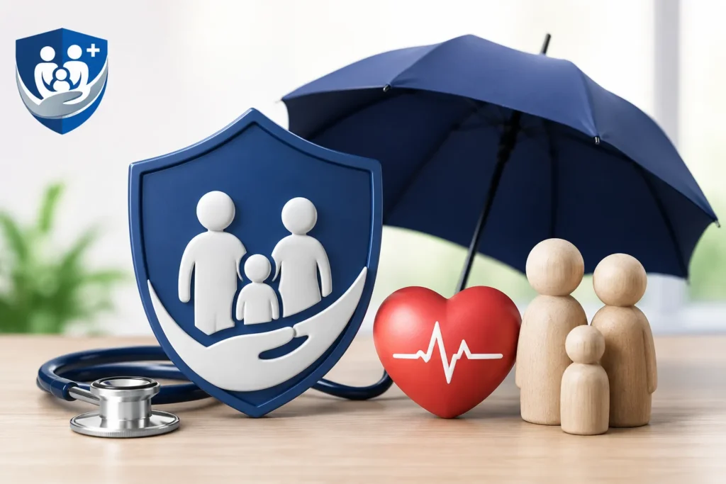 Family health insurance protection concept with shield, umbrella, heart, and healthcare symbols representing GST-free Star Health insurance plans in Kerala.